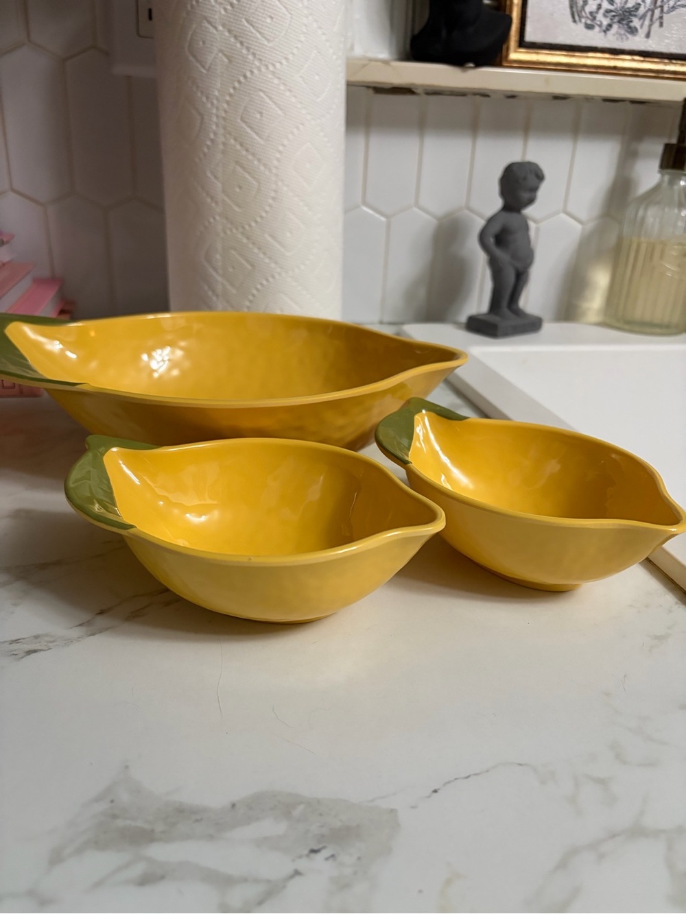 Yellow Lemon Serving Bowls with Green Handles - Set of 3